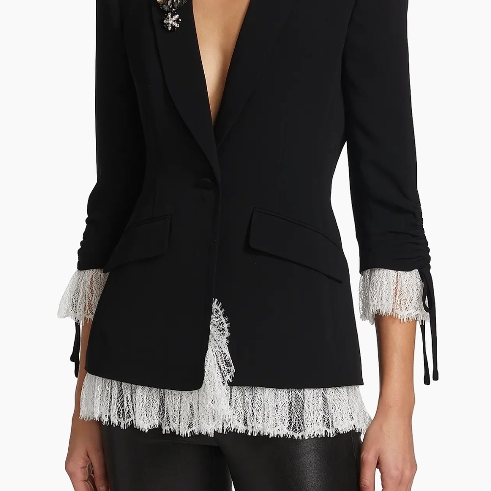 cinq a sept Black Blazer with White Fringe and Brooch - Picture 4 of 5